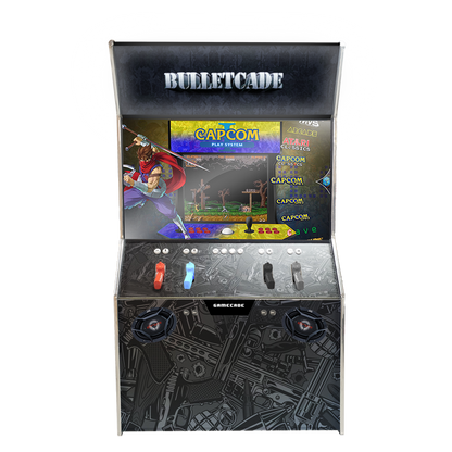 Gamecade:Shootercade, the ultimate home Lightgun Arcade machine! 43" and 50" display arcade systems. Also Available in 2-Player Models. Facing front, Showcasing Bulletcade. Transform Your Gaming space with Gamecade : Shootercade Lightgun Arcade Machines.