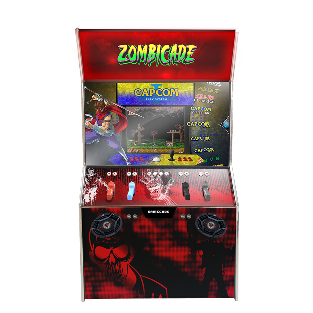 Gamecade:Shootercade, the ultimate home Lightgun Arcade machine! 43" and 50" display arcade systems. Also Available in 2-Player Models. Facing front, Showcasing Zombicade. Transform Your Gaming space with Gamecade : Shootercade Lighgun Arcade Machines.