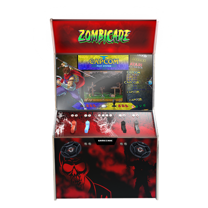 Gamecade:Shootercade, the ultimate home Lightgun Arcade machine! 43" and 50" display arcade systems. Also Available in 2-Player Models. Facing front, Showcasing Zombicade. Transform Your Gaming space with Gamecade : Shootercade Lighgun Arcade Machines.