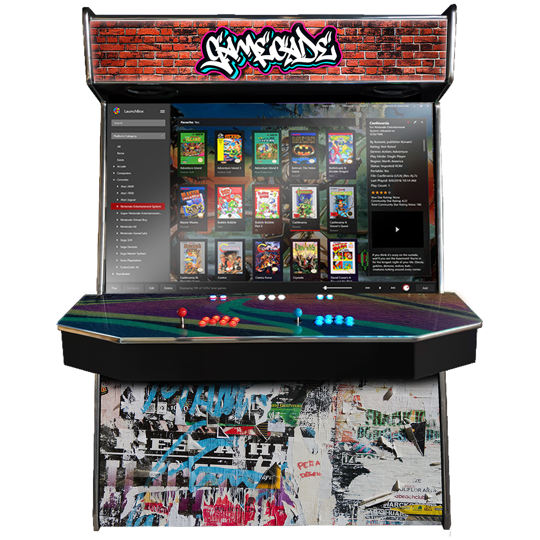 Supercade! The Biggest Arcade Machine in the World! Boasting a Massive 65" Display to Play all of your arcade favourites! Also 4-Player. Facing Front, Showcasing Graffiticade Design. Enhance your mancave with Gamecade : Supercade Arcade Machines!