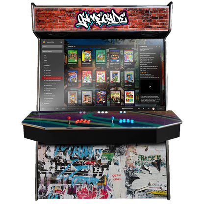 Supercade! The Biggest Arcade Machine in the World! Boasting a Massive 65" Display to Play all of your arcade favourites! Also 4-Player. Facing Front, Showcasing Graffiticade Design. Enhance your mancave with Gamecade : Supercade Arcade Machines!