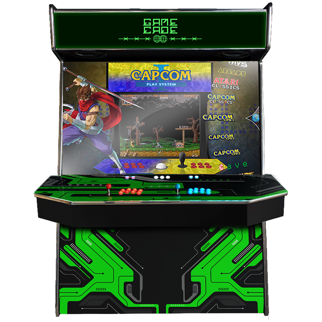 Supercade! The Biggest Arcade Machine in the World! Boasting a Massive 65" Display to Play all of your arcade favourites! Also Available in 4-Player. Facing Front, Showcasing Cybercade Design. Enhance your mancave with Gamecade : Supercade Arcade Machines!
