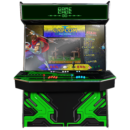 Supercade! The Biggest Arcade Machine in the World! Boasting a Massive 65" Display to Play all of your arcade favourites! Also Available in 4-Player. Facing Front, Showcasing Cybercade Design. Enhance your mancave with Gamecade : Supercade Arcade Machines!
