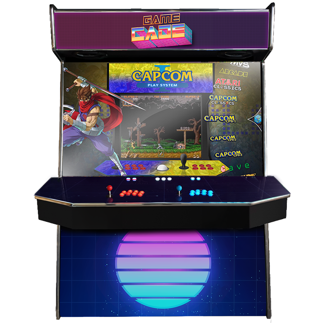 Supercade! The Biggest Arcade Machine in the World! Boasting a Massive 65" Display to Play all of your arcade favourites! Also Available in 4-Player. Facing Front, Showcasing Vapourcade Design. Enhance your mancave with Gamecade : Supercade Arcade Machines!