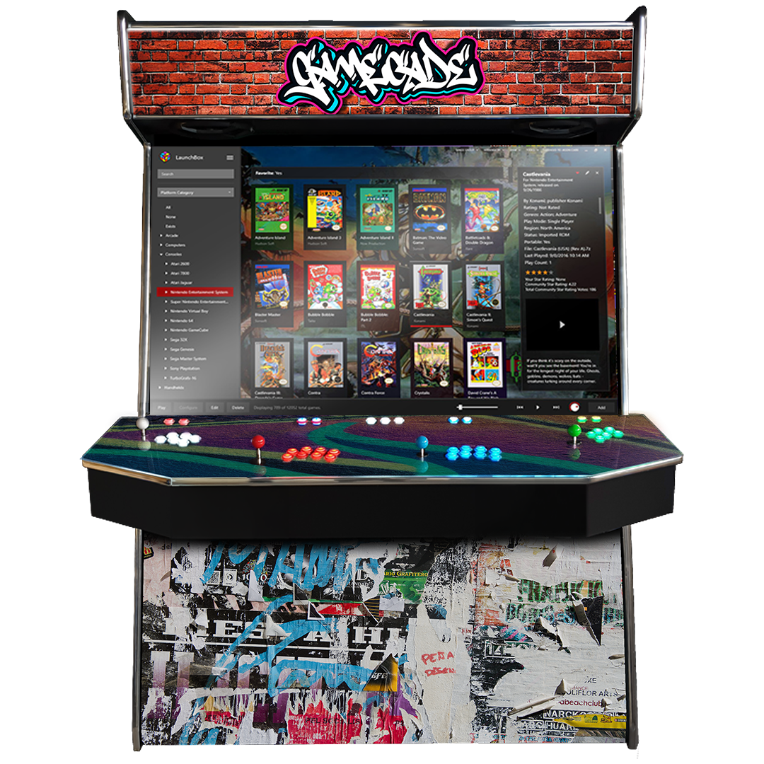 Supercade! The Biggest Arcade Machine in the World! Boasting a Massive 65" Display to Play all of your arcade favourites! Also Available in 2-Player. Facing Front, Showcasing Graffiticade Design . Enhance your mancave with Gamecade : Supercade Arcade Machines!