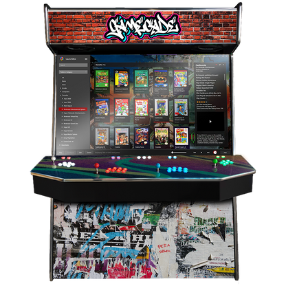 Supercade! The Biggest Arcade Machine in the World! Boasting a Massive 65" Display to Play all of your arcade favourites! Also Available in 2-Player. Facing Front, Showcasing Graffiticade Design . Enhance your mancave with Gamecade : Supercade Arcade Machines!