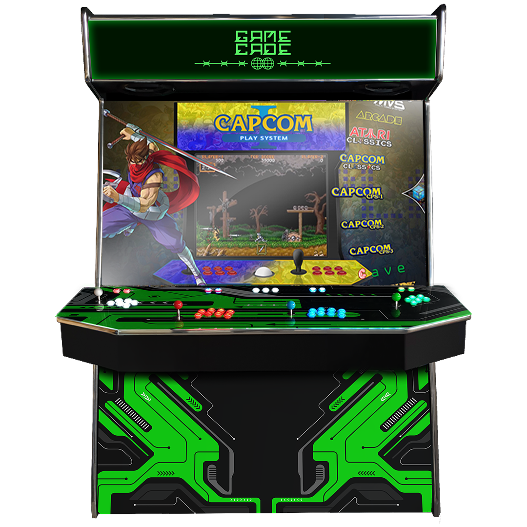 Supercade! The Biggest Arcade Machine in the World! Boasting a Massive 65" Display to Play all of your arcade favourites! Also Available in 2-Player. Facing Front, Showcasing Cybercade Design. Enhance your mancave with Gamecade : Supercade Arcade Machines!