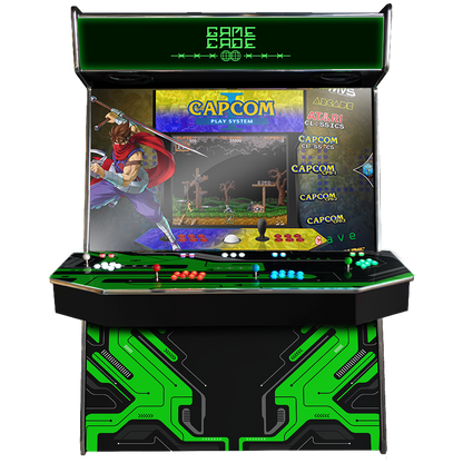 Supercade! The Biggest Arcade Machine in the World! Boasting a Massive 65" Display to Play all of your arcade favourites! Also Available in 2-Player. Facing Front, Showcasing Cybercade Design. Enhance your mancave with Gamecade : Supercade Arcade Machines!