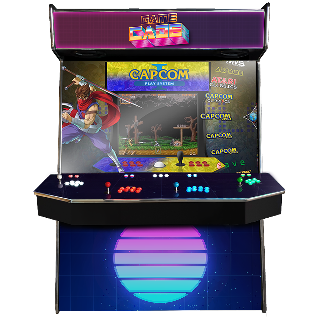 Supercade! The Biggest Arcade Machine in the World! Boasting a Massive 65" Display to Play all of your arcade favourites! Also Available in 2-Player. Facing Front, Showcasing Vapourcade Design. Enhance your mancave with Gamecade : Supercade Arcade Machines!