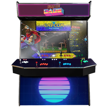 Supercade! The Biggest Arcade Machine in the World! Boasting a Massive 65" Display to Play all of your arcade favourites! Also Available in 2-Player. Facing Front, Showcasing Vapourcade Design. Enhance your mancave with Gamecade : Supercade Arcade Machines!