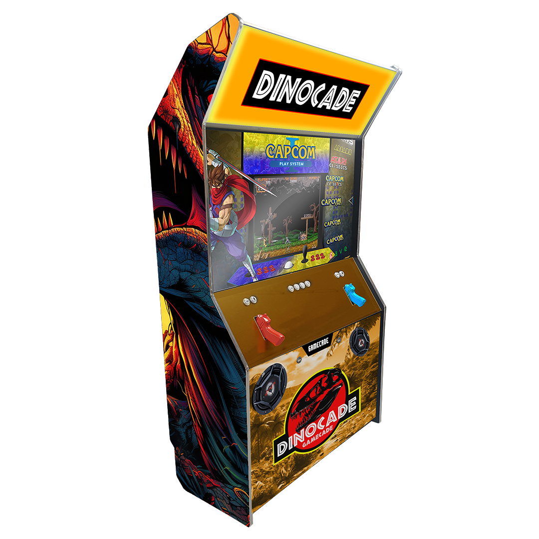 Dinocade 2.0 Shootercade light gun arcade machine inspired by Jurassic Park, featuring dinosaur-themed graphics, vibrant LED lighting, and interactive light gun gameplay for an exciting, prehistoric arcade experience.