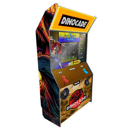 Dinocade 2.0 Shootercade light gun arcade machine inspired by Jurassic Park, featuring dinosaur-themed graphics, vibrant LED lighting, and interactive light gun gameplay for an exciting, prehistoric arcade experience.