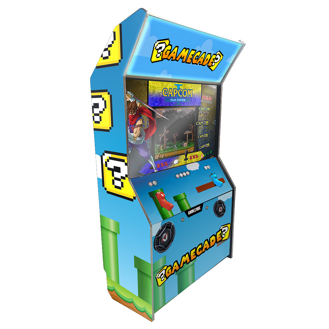 Super Gamecade Bros Shootercade light gun arcade machine inspired by Mario, featuring iconic game graphics, vibrant LED lighting, and interactive light gun gameplay for a nostalgic and action-packed arcade experience.