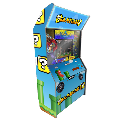 Super Gamecade Bros Shootercade light gun arcade machine inspired by Mario, featuring iconic game graphics, vibrant LED lighting, and interactive light gun gameplay for a nostalgic and action-packed arcade experience.