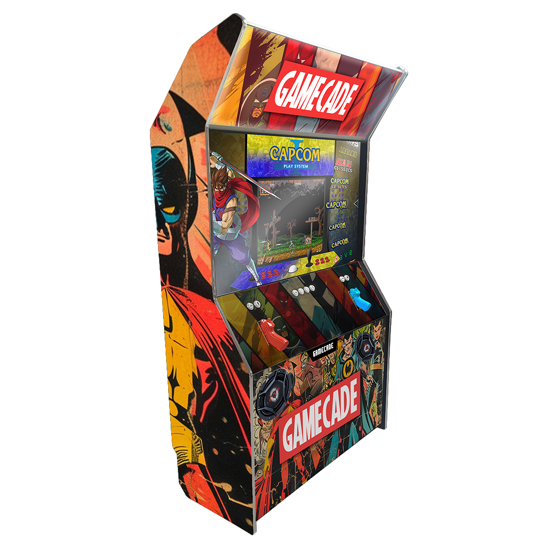 Comicade Shootercade light gun arcade machine inspired by Marvel, featuring superhero-themed graphics, vibrant LED lighting, and interactive light gun gameplay for an action-packed, comic book arcade experience.