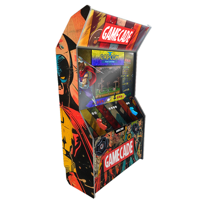 Comicade Shootercade light gun arcade machine inspired by Marvel, featuring superhero-themed graphics, vibrant LED lighting, and interactive light gun gameplay for an action-packed, comic book arcade experience.