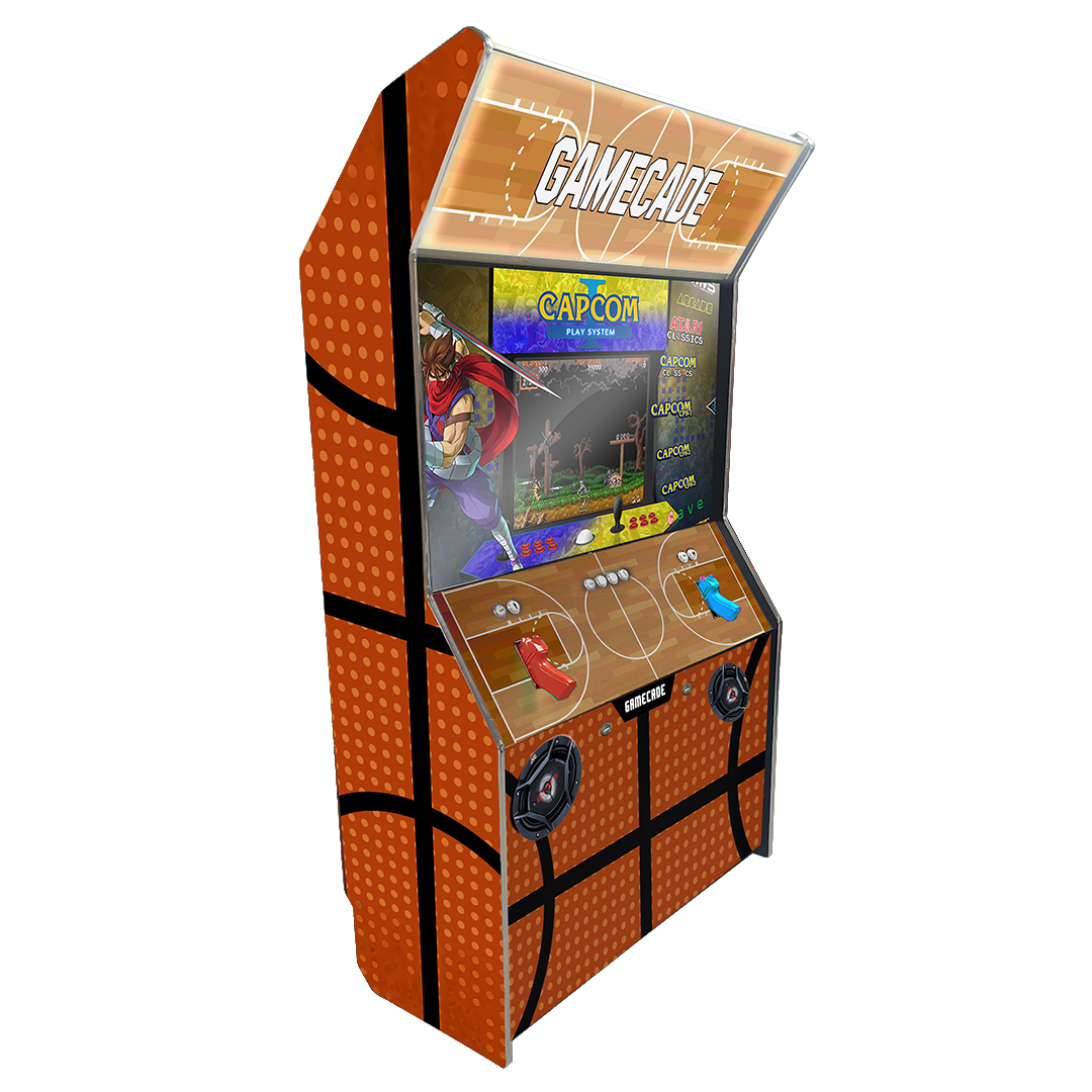 3 Pointer Shootercade light gun arcade machine inspired by NBA Jam, featuring basketball-themed graphics, vibrant LED lighting, and interactive light gun gameplay for a high-energy arcade experience.