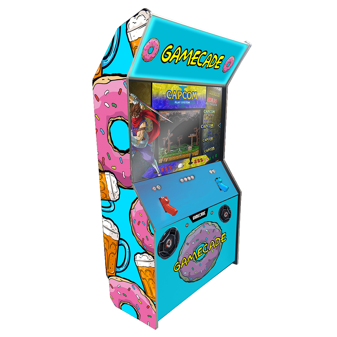 Donutcade 2.0 Shootercade light gun arcade machine inspired by The Simpsons, featuring donut-themed graphics, vibrant LED lighting, and interactive light gun gameplay for a fun and nostalgic arcade experience.