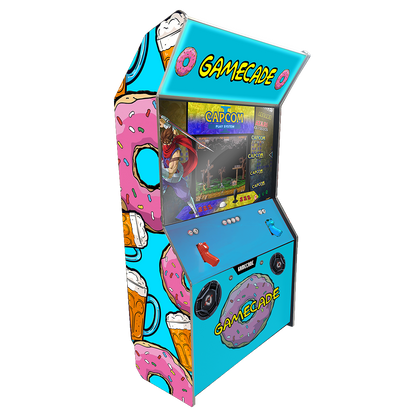 Donutcade 2.0 Shootercade light gun arcade machine inspired by The Simpsons, featuring donut-themed graphics, vibrant LED lighting, and interactive light gun gameplay for a fun and nostalgic arcade experience.