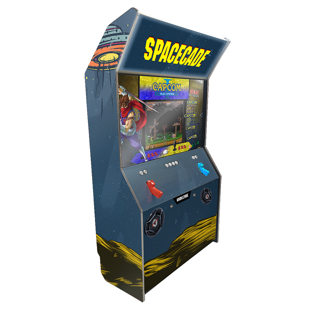 Spacecade Shootercade light gun arcade machine inspired by Space Invaders, featuring retro alien graphics, vibrant LED lighting, and immersive light gun gameplay for an exciting arcade experience.