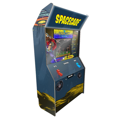 Spacecade Shootercade light gun arcade machine inspired by Space Invaders, featuring retro alien graphics, vibrant LED lighting, and immersive light gun gameplay for an exciting arcade experience.