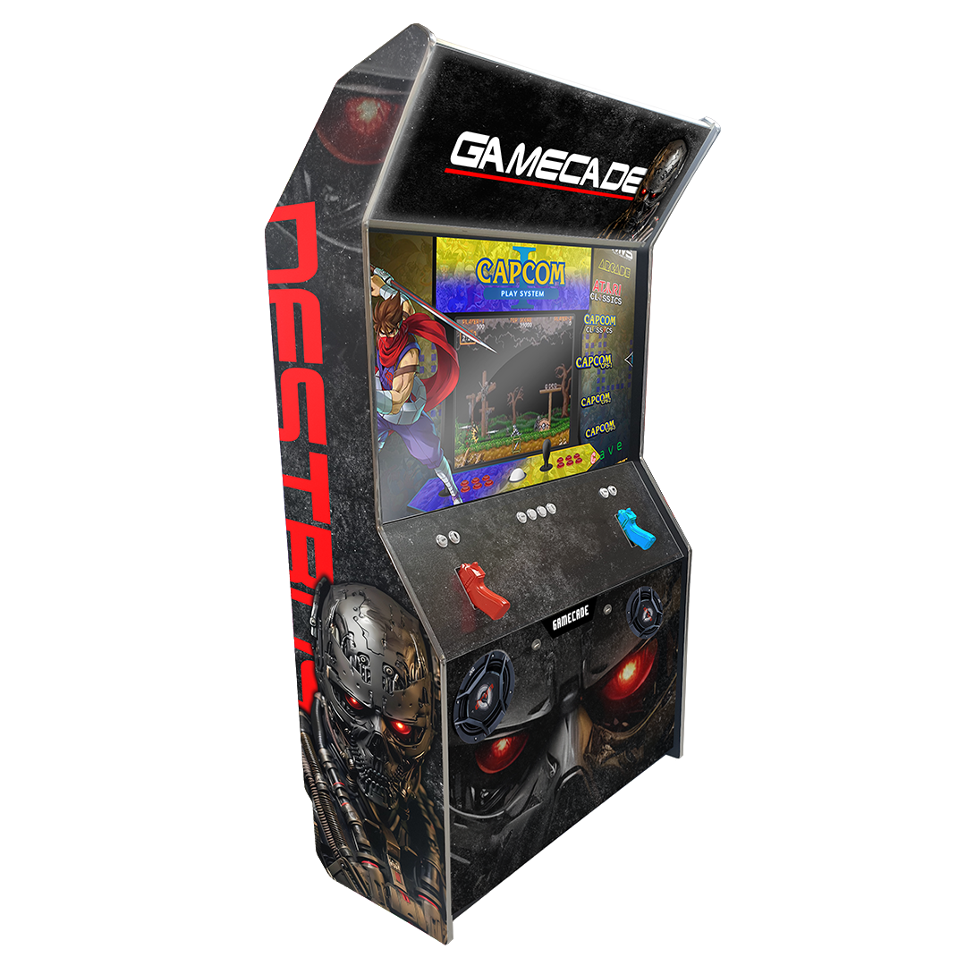 Cyber Hunter Shootercade light gun arcade machine inspired by Terminator, featuring futuristic graphics, intense LED lighting, and immersive light gun gameplay for a thrilling, action-packed arcade experience.